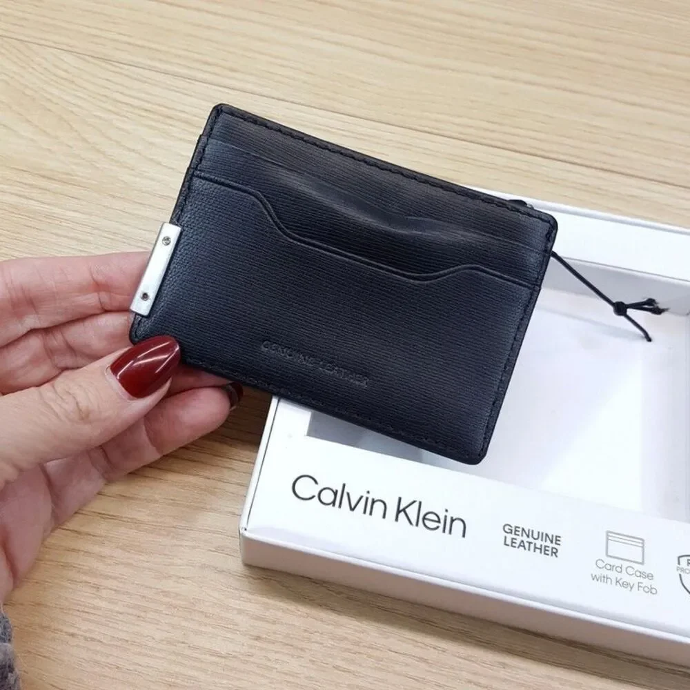 CALVIN KLEIN Mens Wallet Black Leather Card Case Keychain Key Fob